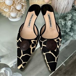 Manolo Blahnik Black&Cream Heeled Mules with Brown Medallions